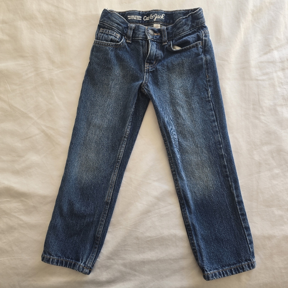 Cat & Jack Kids Blue Relaxed Straight Denim Snap Button Jeans Size 4